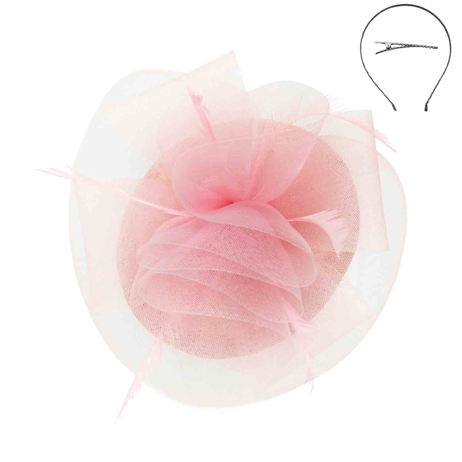 Woven Pillbox Cocktail Hat with High Tulle Accent - Sophia Collection Fascinator Something Special LA HTH2255pk Pink  