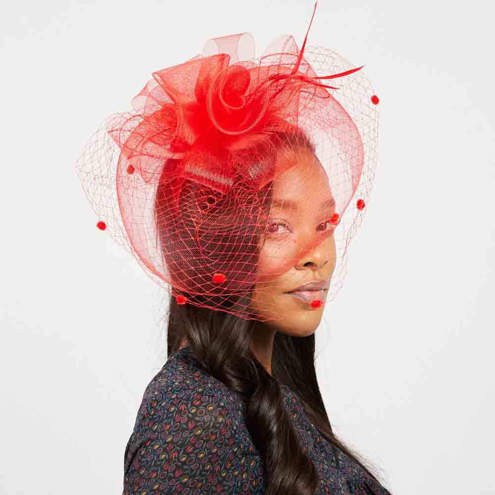 Triple Flower and Bow Double Veil Fascinator - Something Special Fascinator Something Special LA HTH2220rd Red  