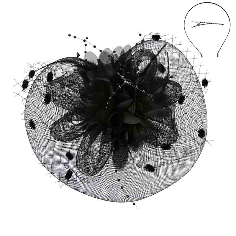 Satin Flower Dotted Netting Fascinator Headband - Something Special Fascinator Something Special LA HTH2221bk Black  