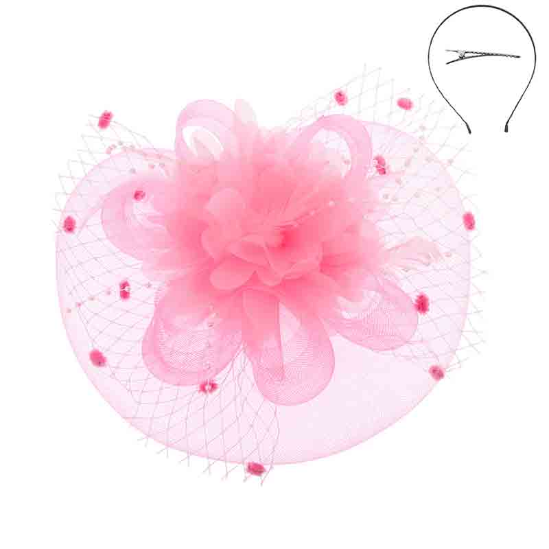 Satin Flower Dotted Netting Fascinator Headband - Something Special Fascinator Something Special LA HTH2221pk Pink  