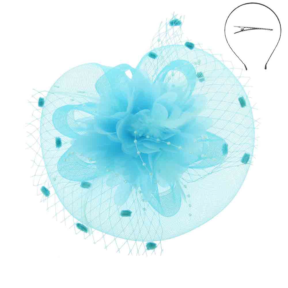 Satin Flower Dotted Netting Fascinator Headband - Something Special Fascinator Something Special LA HTH2221lb Light Blue  