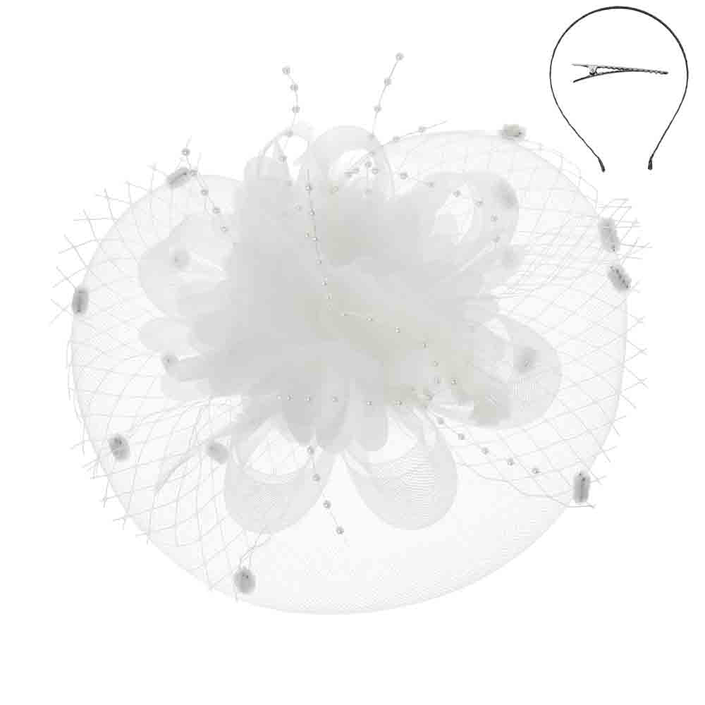 Satin Flower Dotted Netting Fascinator Headband - Something Special Fascinator Something Special LA HTH2221wh White  