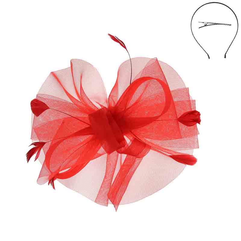 Looped Feather Scrunched Tulle Fascinator Headband - Something Special Fascinator Something Special LA HTH2298rd Red  