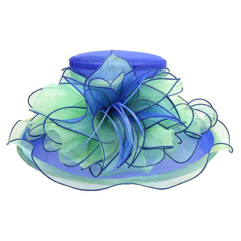 Two Tone Flower Center Ruffle Derby Hat Dress Hat Something Special LA hto2141RB Blue / Green  