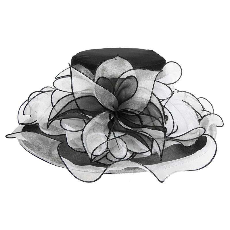 Two Tone Flower Center Ruffle Derby Hat Dress Hat Something Special LA hto2141bk Black / White  