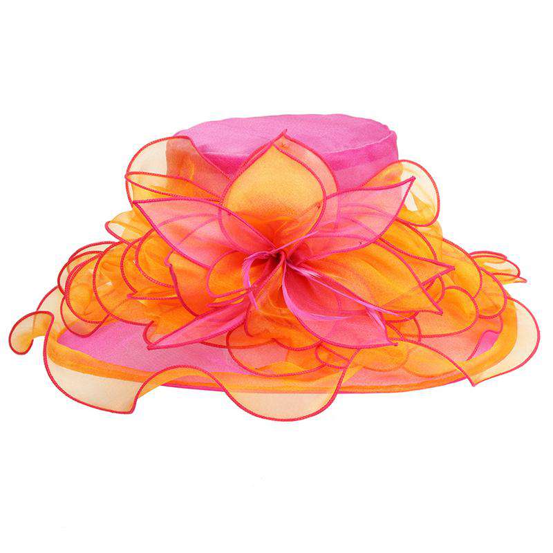 Two Tone Flower Center Ruffle Derby Hat Dress Hat Something Special LA hto2141FC Fuchsia / Orange  