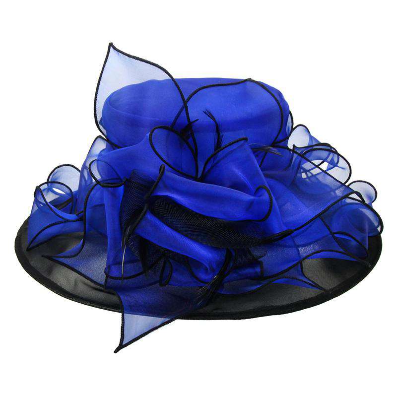 Two Tone Organza Hat with Curly Bow Accent - Sophia Collection Dress Hat Something Special LA hto2187bl Royal Blue  
