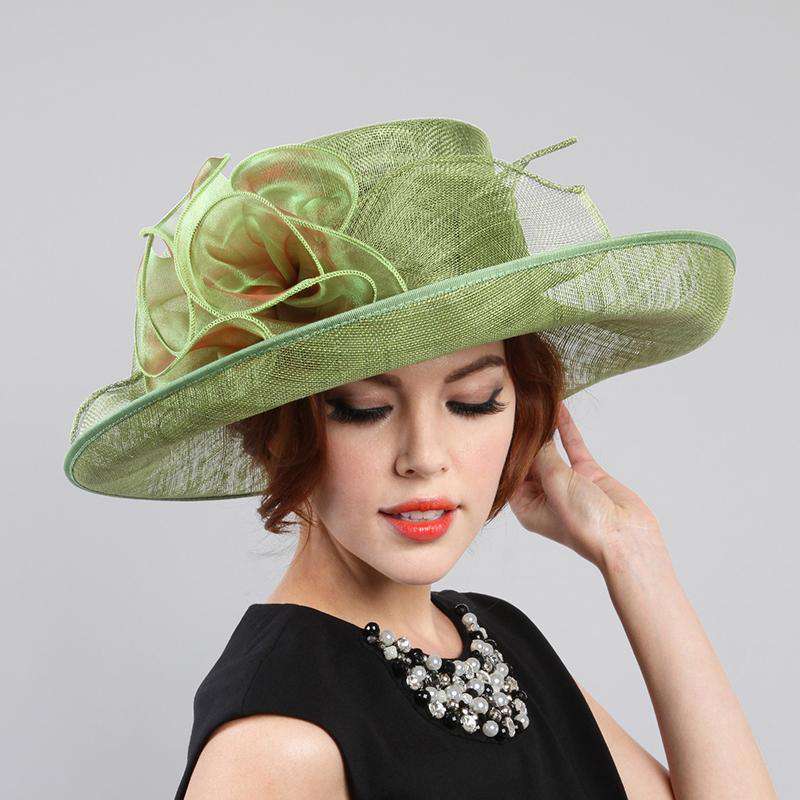 Large Up Turned Brim Sinamay Hat with Iridescent Sheer Flower Accent Dress Hat Something Special LA hts2066gn Green  