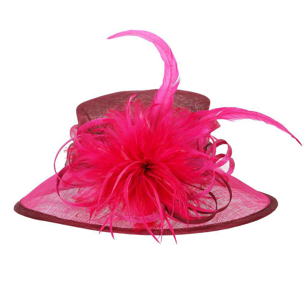 Sinamay Derby Hat with Feather Flower Accent Dress Hat Something Special LA hts2073FC Fuchsia  