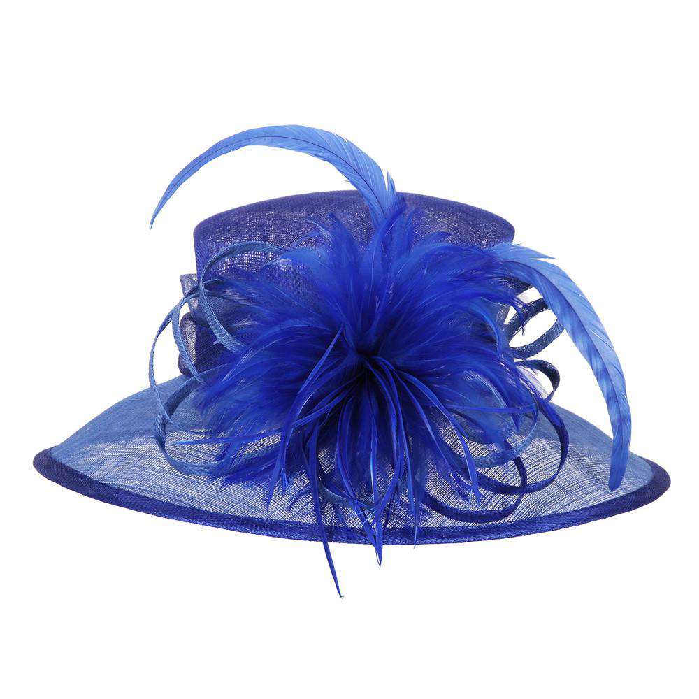 Sinamay Derby Hat with Feather Flower Accent Dress Hat Something Special LA hts2073RB Royal Blue  
