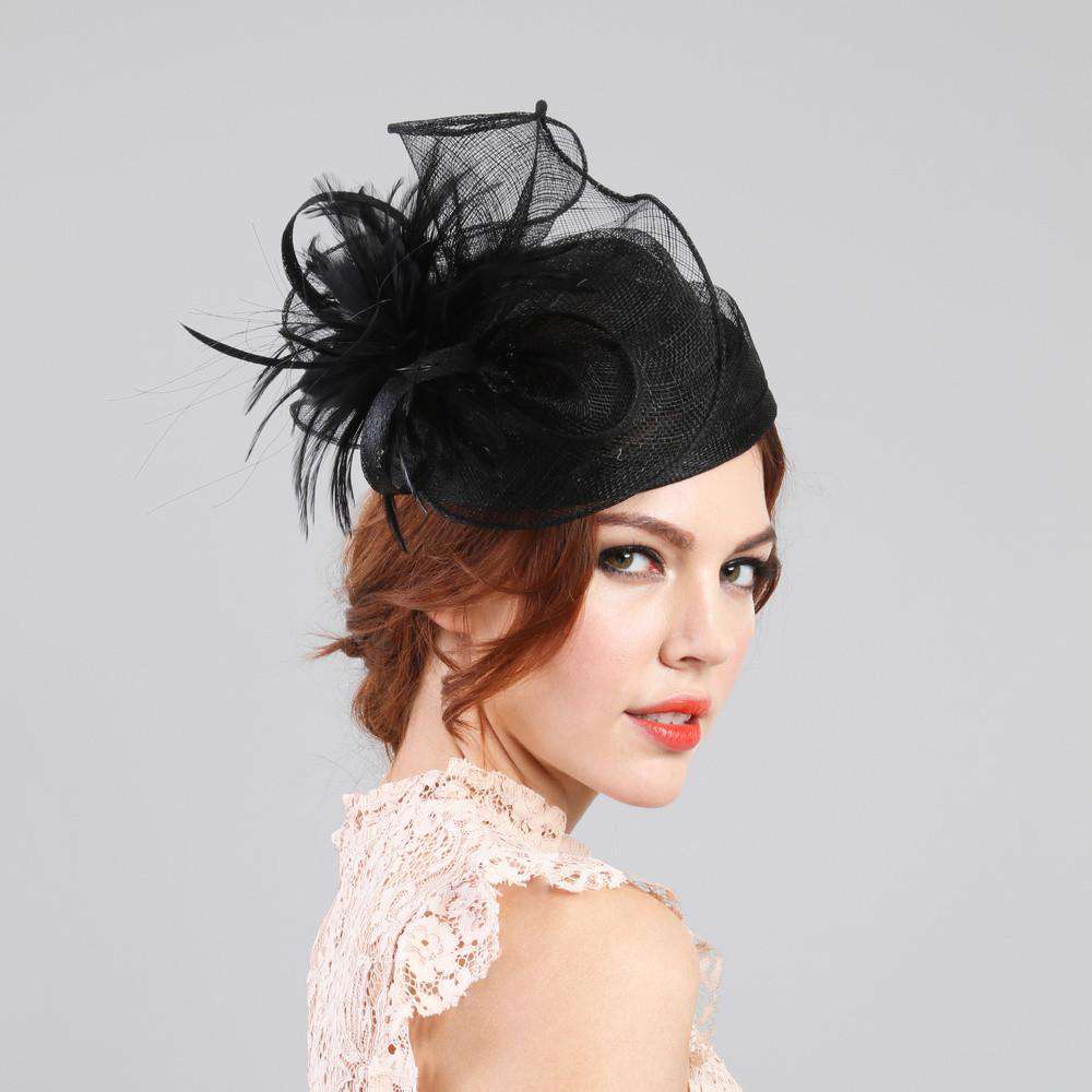 Sinamay Pillbox Hat with Feather Flower, Fascinator - SetarTrading Hats 