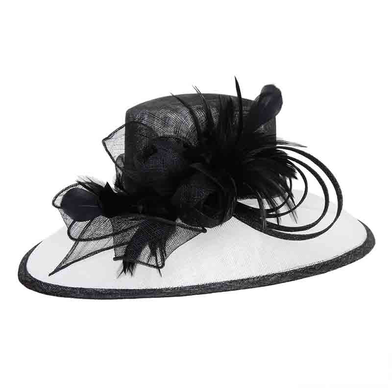 Oval Sinamay Dress Hat with Feather Flowers - Sophia Collection Dress Hat Something Special LA hts2131bw Black and White  