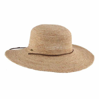 Hand Crocheted Raffia Sun Hat with Leather Chin Cord - Scala Collection Wide Brim Sun Hat Scala Hats LR155 Natural OS (57 cm) 
