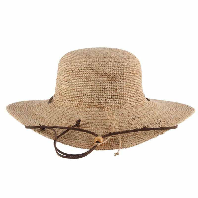 Hand Crocheted Raffia Sun Hat with Leather Chin Cord - Scala Collection, Wide Brim Sun Hat - SetarTrading Hats 