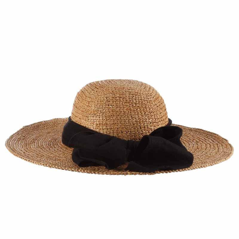 Hand Crocheted Raffia Sun Hat with Linen Scarf - Scala Collection Wide Brim Sun Hat Scala Hats LR109te Tea OS (57 cm) 