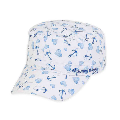 Hearts & Anchors Cotton Cadet Cap for Small Heads - Sunny Dayz Hat Cap Sun N Sand Hats HK341 White XS /S (52-54 cm) 
