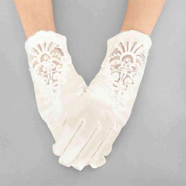 Classic Satin Gloves with Embroidered Lace and Beads Gloves Something Special LA glv2231iv Ivory  