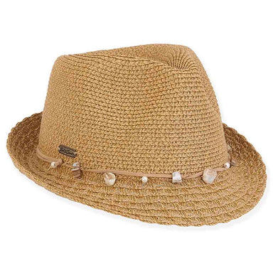 Jolly Straw Fedora with Stone and Pearl Band - Sun 'N' Sand Hats Fedora Hat Sun N Sand Hats HH2939B Tan OS 