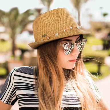 Jolly Straw Fedora with Stone and Pearl Band - Sun 'N' Sand Hats Fedora Hat Sun N Sand Hats    