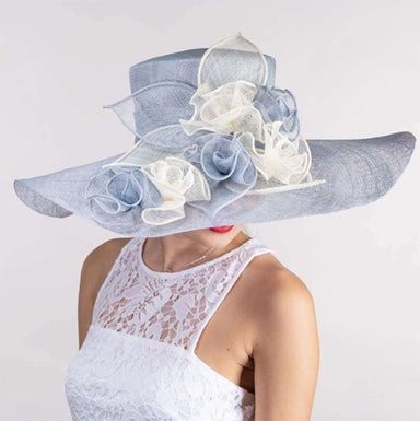 Flower String Wide Brim Blue and Ivory Sinamay Dress Hat - KaKyCO Dress Hat KaKyCO 119061-49A.25 Blue and Ivory  
