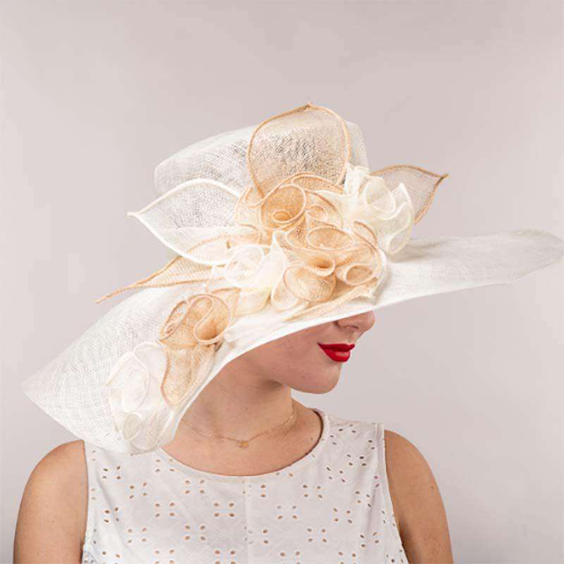Flower String Wide Brim Ivory and Tan Sinamay Dress Hat - KaKyCO Dress Hat KaKyCO 119061-25.151 Ivory and Tan  