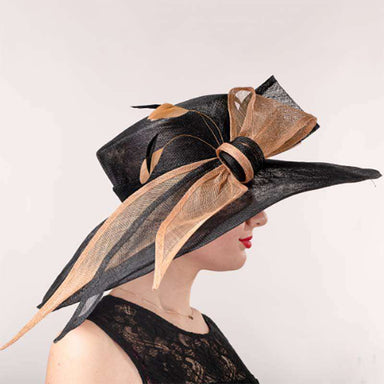 Black and Tan Long Bow Wide Brim Derby Hat - KaKyCO Dress Hat KaKyCO 119048-12.60 Black and Tan M/L (58 cm) 