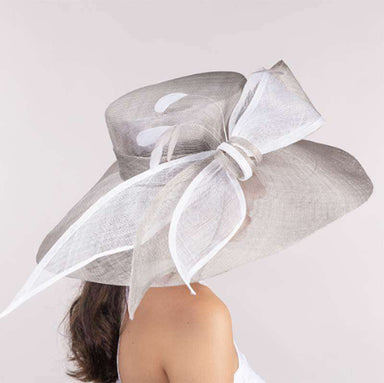Silver and White Long Bow Wide Brim Derby Hat - KaKyCO Dress Hat KaKyCO 119048-161.01 Grey and White  
