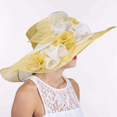 Flower String Wide Brim Yellow and White Sinamay Dress Hat - KaKyCO Dress Hat KaKyCO 119061-40.01 Yellow and White  