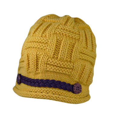Knit Beanie with Braided Band and Button Accent - Jeanne Simmons Beanie Jeanne Simmons JS7963 Yellow M/L 