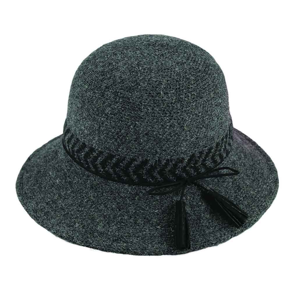 Knit Cloche Hat with Thin Leatherette Tassel Tie - Jeanne Simmons, Cloche - SetarTrading Hats 