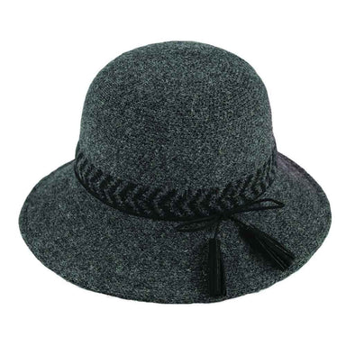 Knit Cloche Hat with Thin Leatherette Tassel Tie - Jeanne Simmons Cloche Jeanne Simmons JS7264 Charcoal M/L (58 cm) 