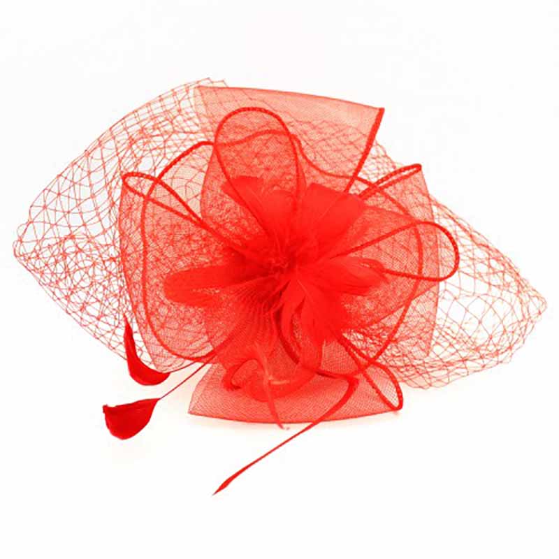 Feather Flower Fascinator with Netting Veil Fascinator Something Special Hat lb7719RD Red  