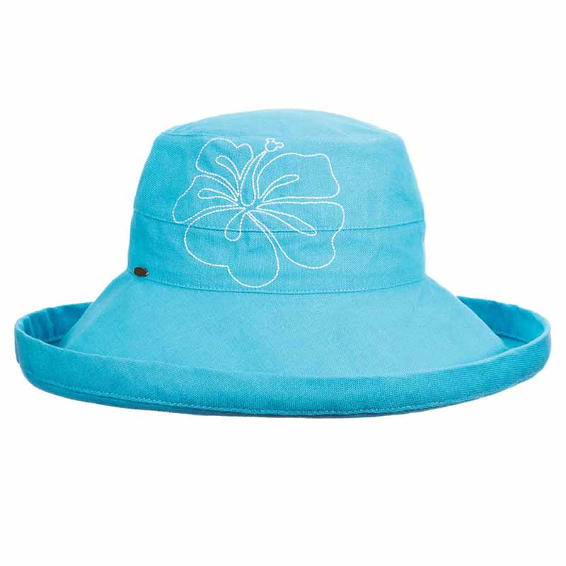 Up Turned Brim Cotton Sun Hat with Hibiscus Embroidery - Scala Hats Kettle Brim Hat Scala Hats lc757bl Sky Blue  