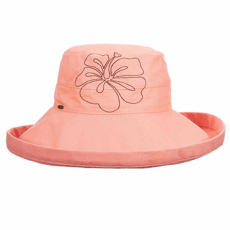 Up Turned Brim Cotton Sun Hat with Hibiscus Embroidery - Scala Hats Kettle Brim Hat Scala Hats lc757gp Grapefruit  