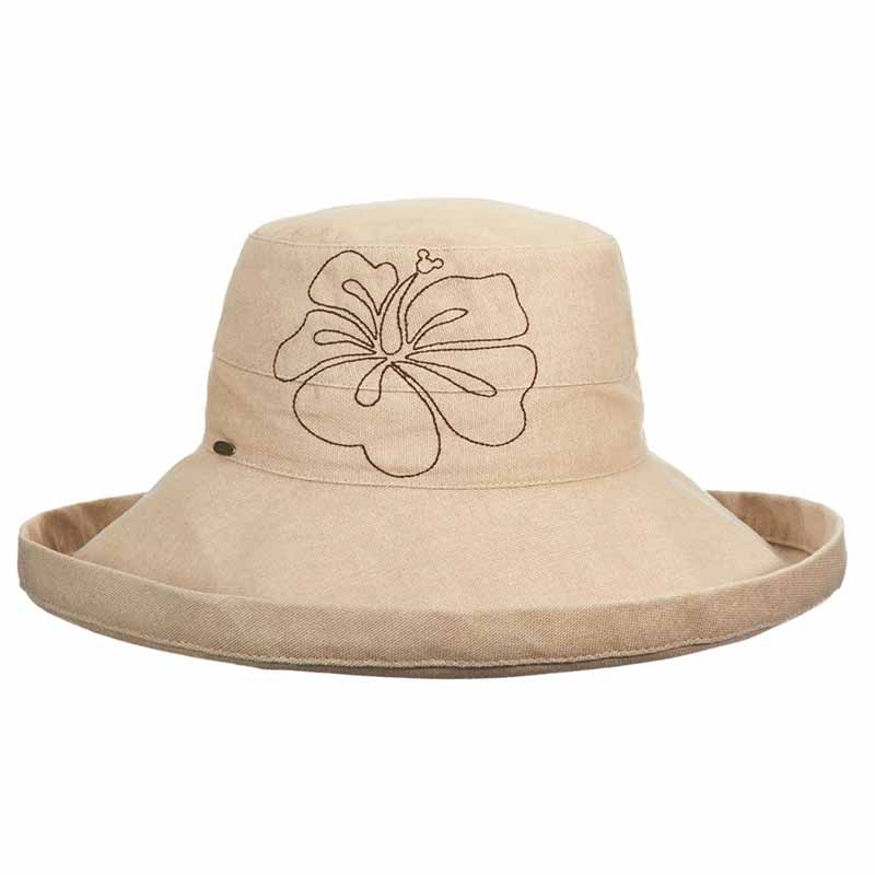 Up Turned Brim Cotton Sun Hat with Hibiscus Embroidery - Scala Hats Kettle Brim Hat Scala Hats lc757tp Taupe  