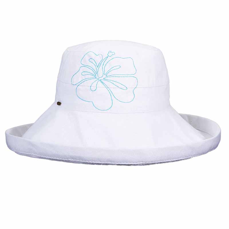 Up Turned Brim Cotton Sun Hat with Hibiscus Embroidery - Scala Hats Kettle Brim Hat Scala Hats lc757wh White  