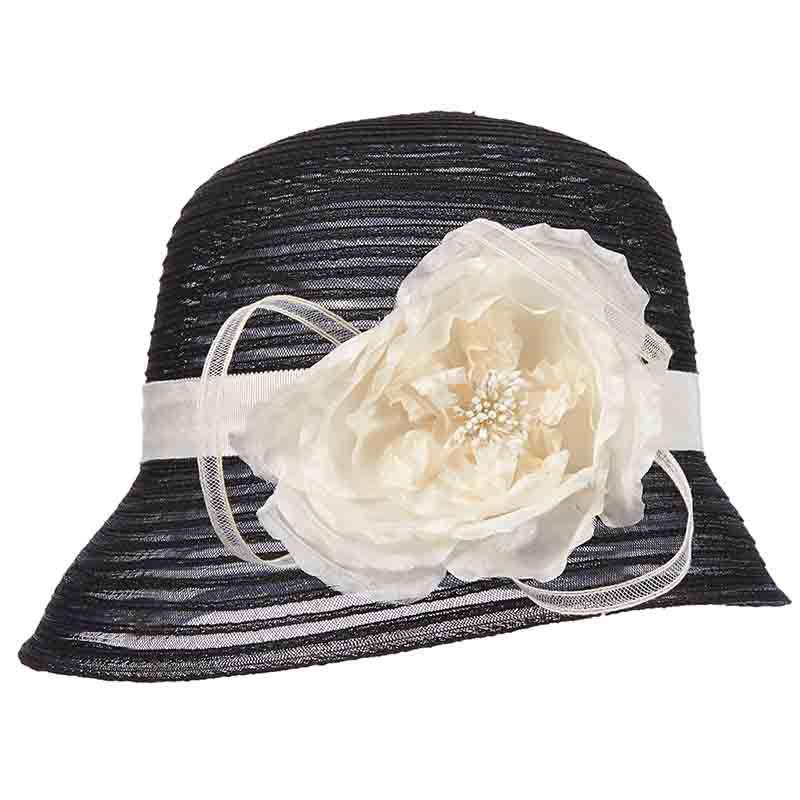 Crinoline Cloche Style Dress Hat with Flower Accent - Scala Hats Dress Hat Scala Hats LD60BK Black  
