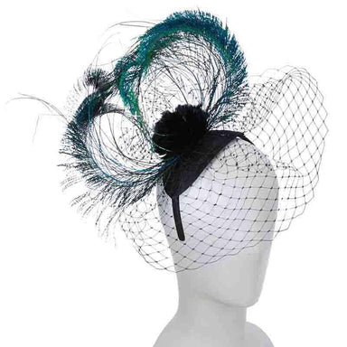 Peacock Feather and Netting Fascinator Headband - Scala Hats Fascinator Scala Hats    