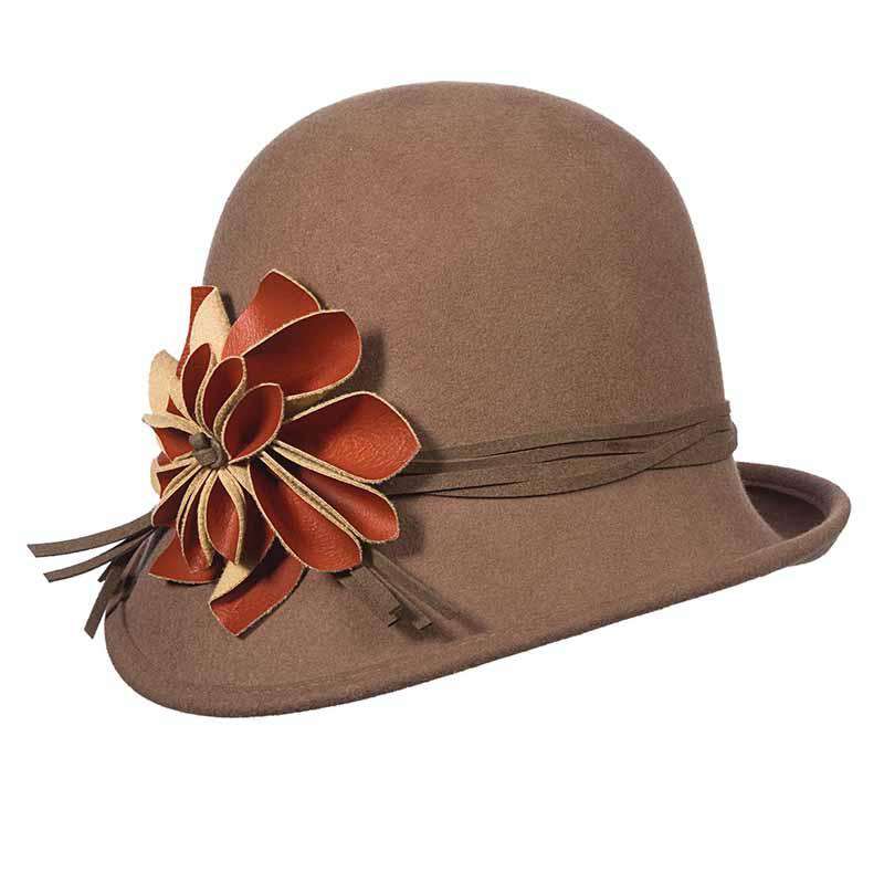 Wool Felt Asymmetrical Cloche with Leatherette Flower - Scala Hats Cloche Scala Hats LF169TP Pecan  