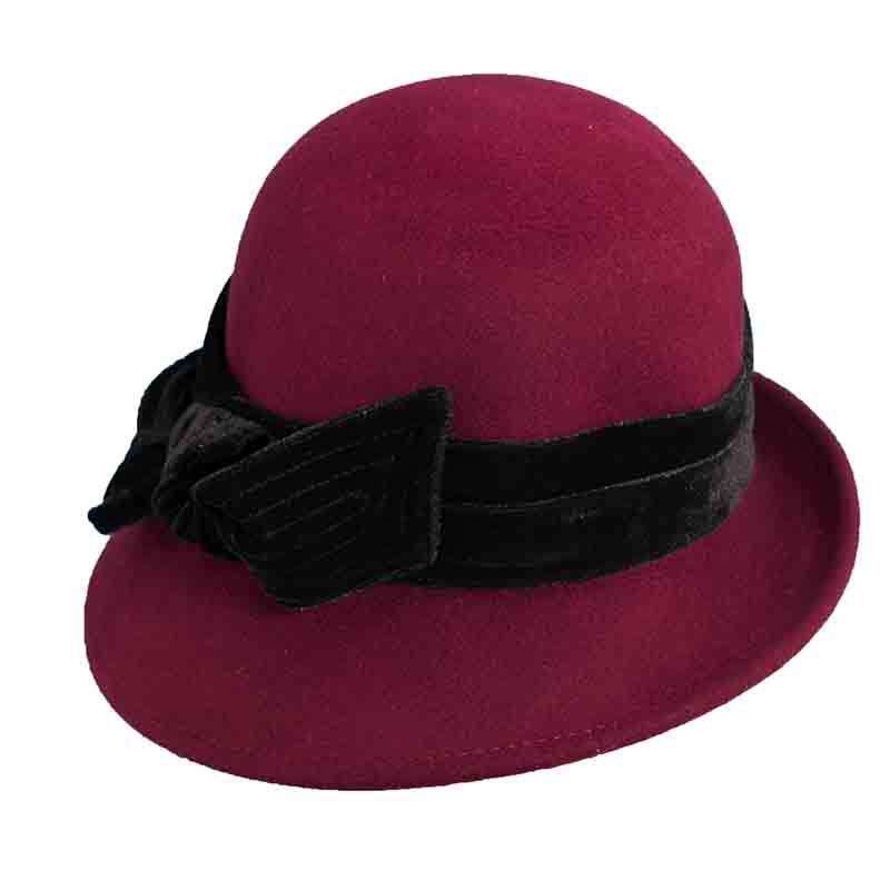Curled Brim Slanted Cloche Wool Hat with Velvet Bow - Scala Hats Cloche Scala Hats    