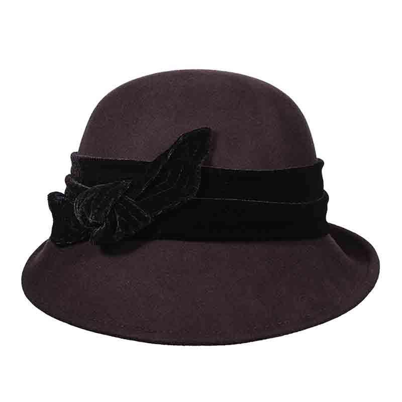Curled Brim Slanted Cloche Wool Hat with Velvet Bow - Scala Hats, Cloche - SetarTrading Hats 