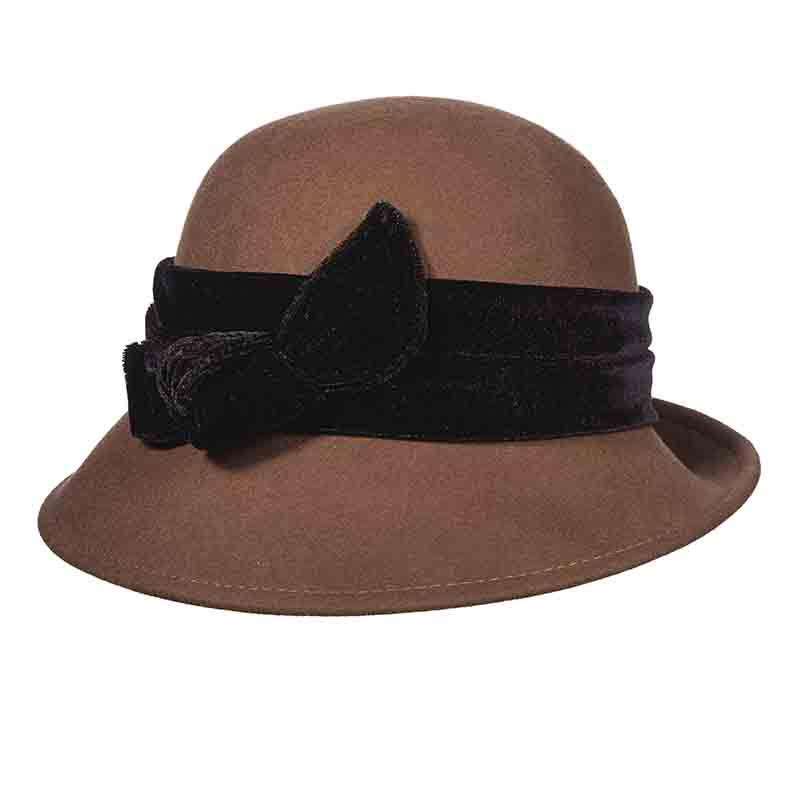 Curled Brim Slanted Cloche Wool Hat with Velvet Bow - Scala Hats