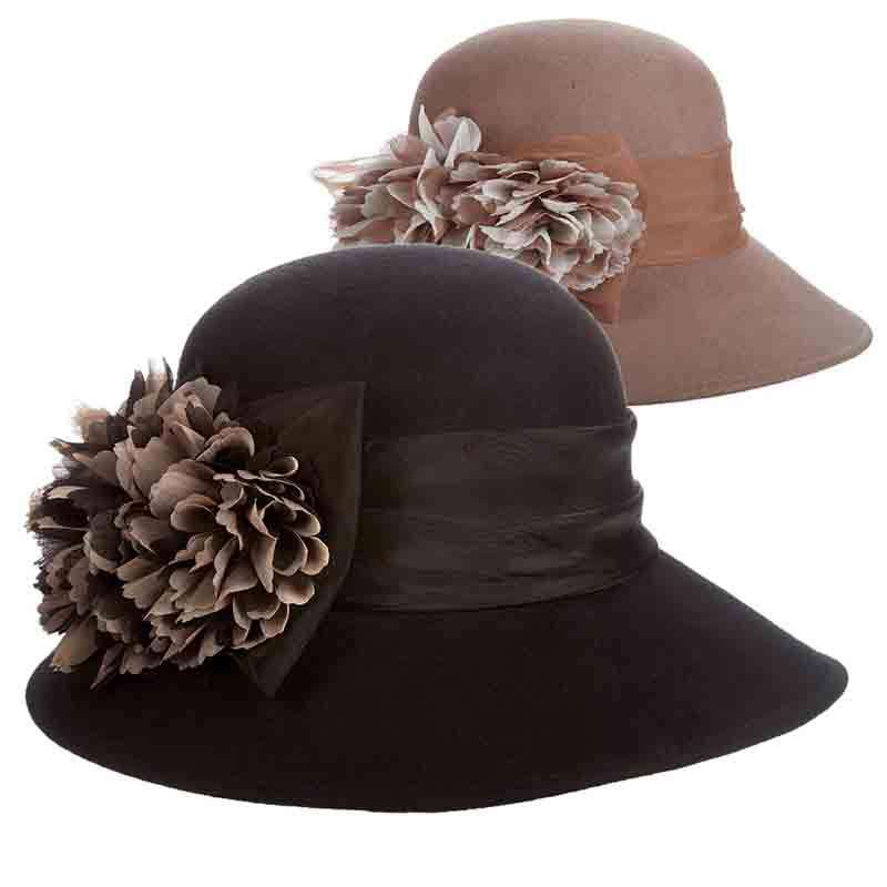 Wool Felt Big Brim Cloche with Organza Silk Flower - Scala Hats, Wide Brim Hat - SetarTrading Hats 