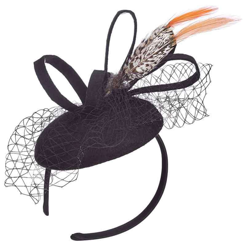 Felt Fascinator with Orange Tip Pheasant Feathers - Scala Collezione Fascinator Scala Hats lf229bk Black  