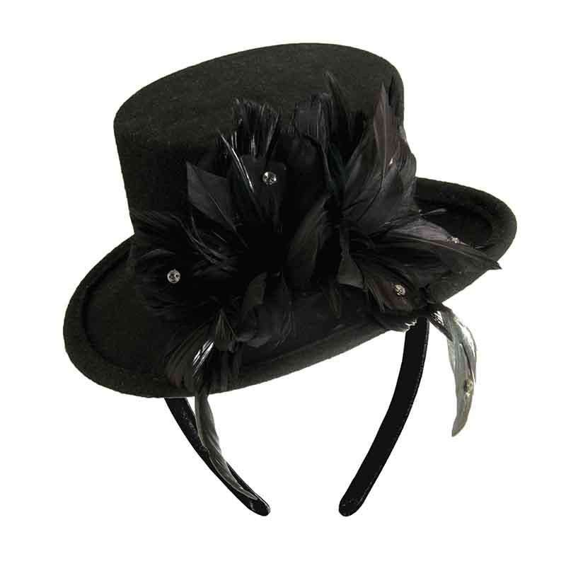 Mini Top Hat Hatanator with Feather Accent - Scala Hats Fascinator Scala Hats lf94BK Black  