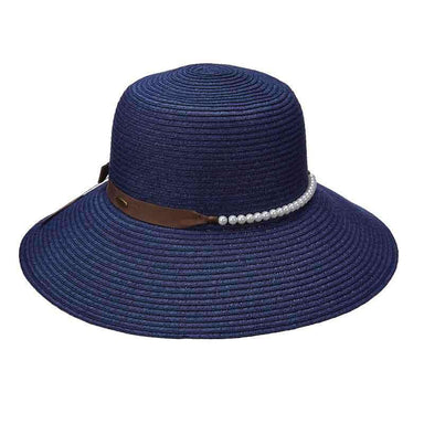 Shapeable Brim Summer Hat with Pearl Bead Band - Scala Hats Wide Brim Hat Scala Hats lp244NV Navy  