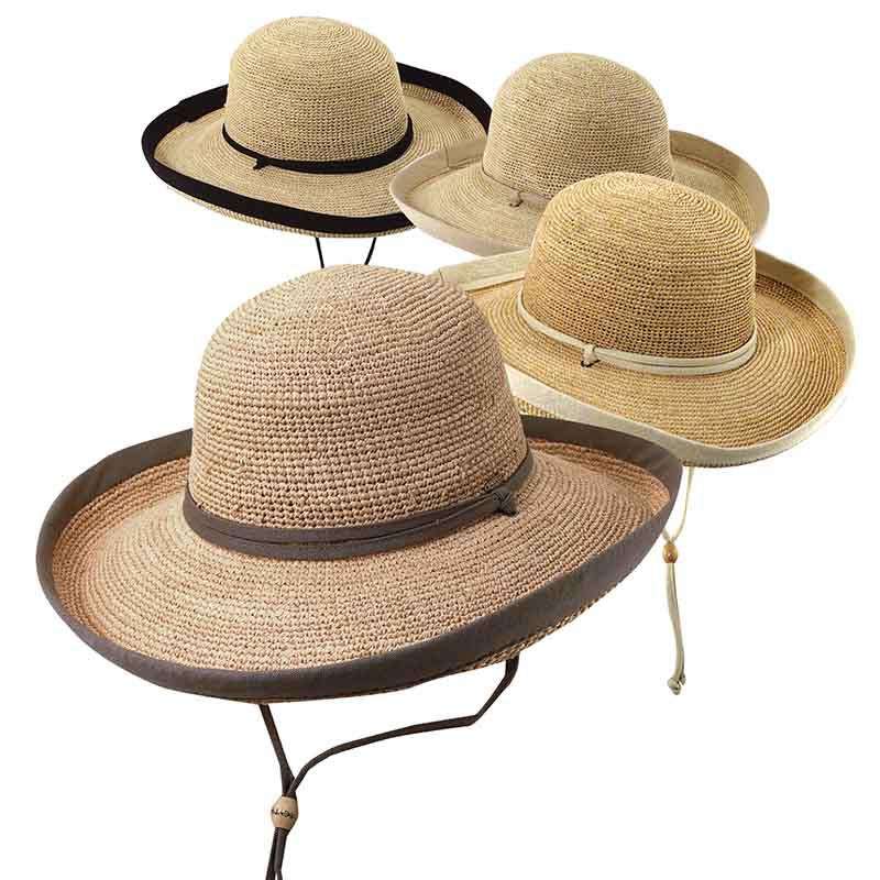 Fine Crocheted Raffia Up Turned Brim Hat with Chin Cord - Scala Hats Kettle Brim Hat Scala Hats    