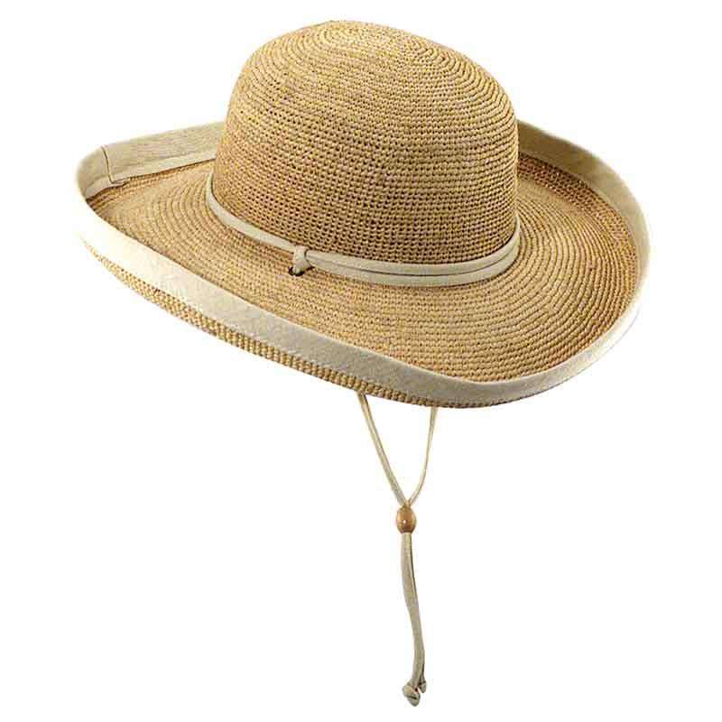 Fine Crocheted Raffia Up Turned Brim Hat with Chin Cord - Scala Hats Kettle Brim Hat Scala Hats LR301NT Natural  