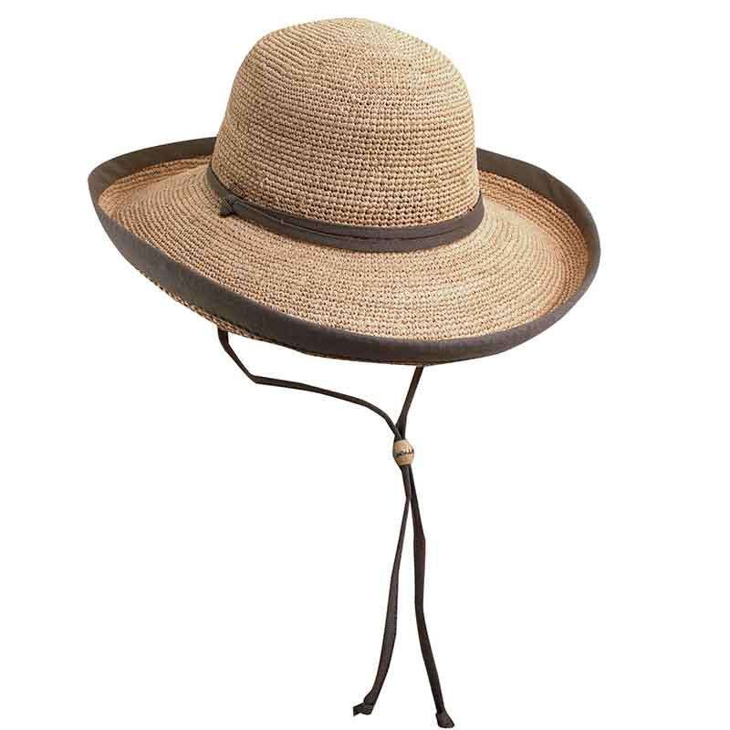Fine Crocheted Raffia Up Turned Brim Hat with Chin Cord - Scala Hats Kettle Brim Hat Scala Hats LR301OL Olive  