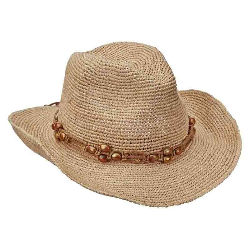 Organic Raffia Western Cowboy Hat with Beaded Band - Scala Hats Cowboy Hat Scala Hats lr695nt Natural  